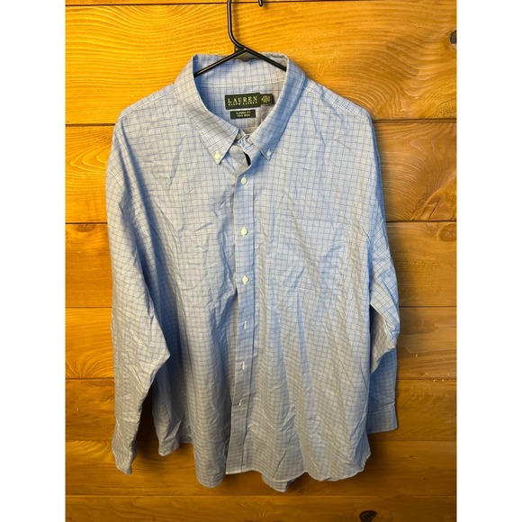 Lauren Ralph Lauren Mens 18 34/35 Classic Fit Non Iron Blue Plaid Shirt office - Picture 1 of 7